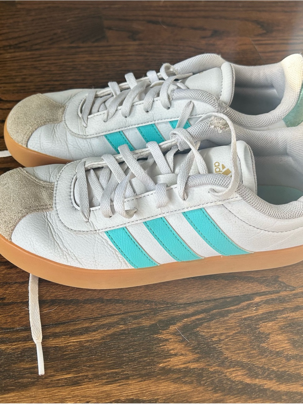 adidas Kids White Sneakers with Teal Stripes and Gum Sole